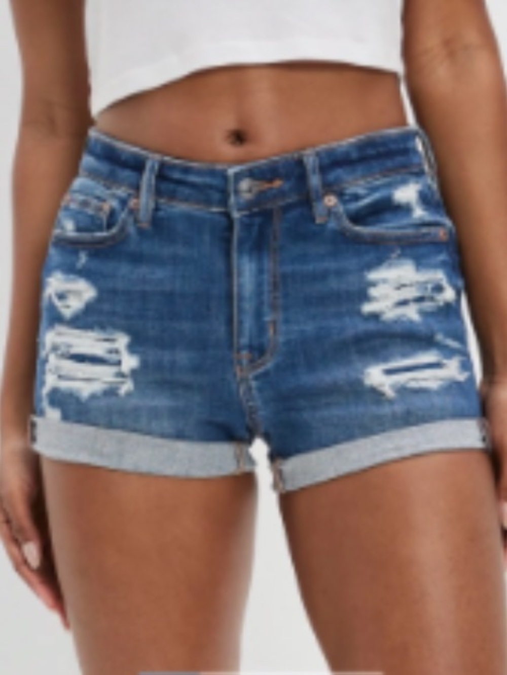 High-Rise Distressed Rolled-Hem Denim Shorts - Blue